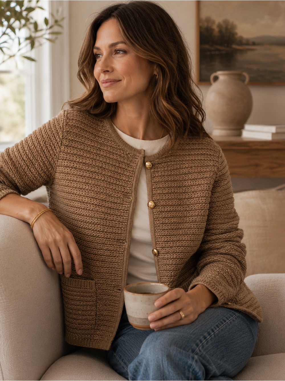 NEW Talbots Cardigan Sweater Metallic Thread Gold Button Chunky Pockets $129